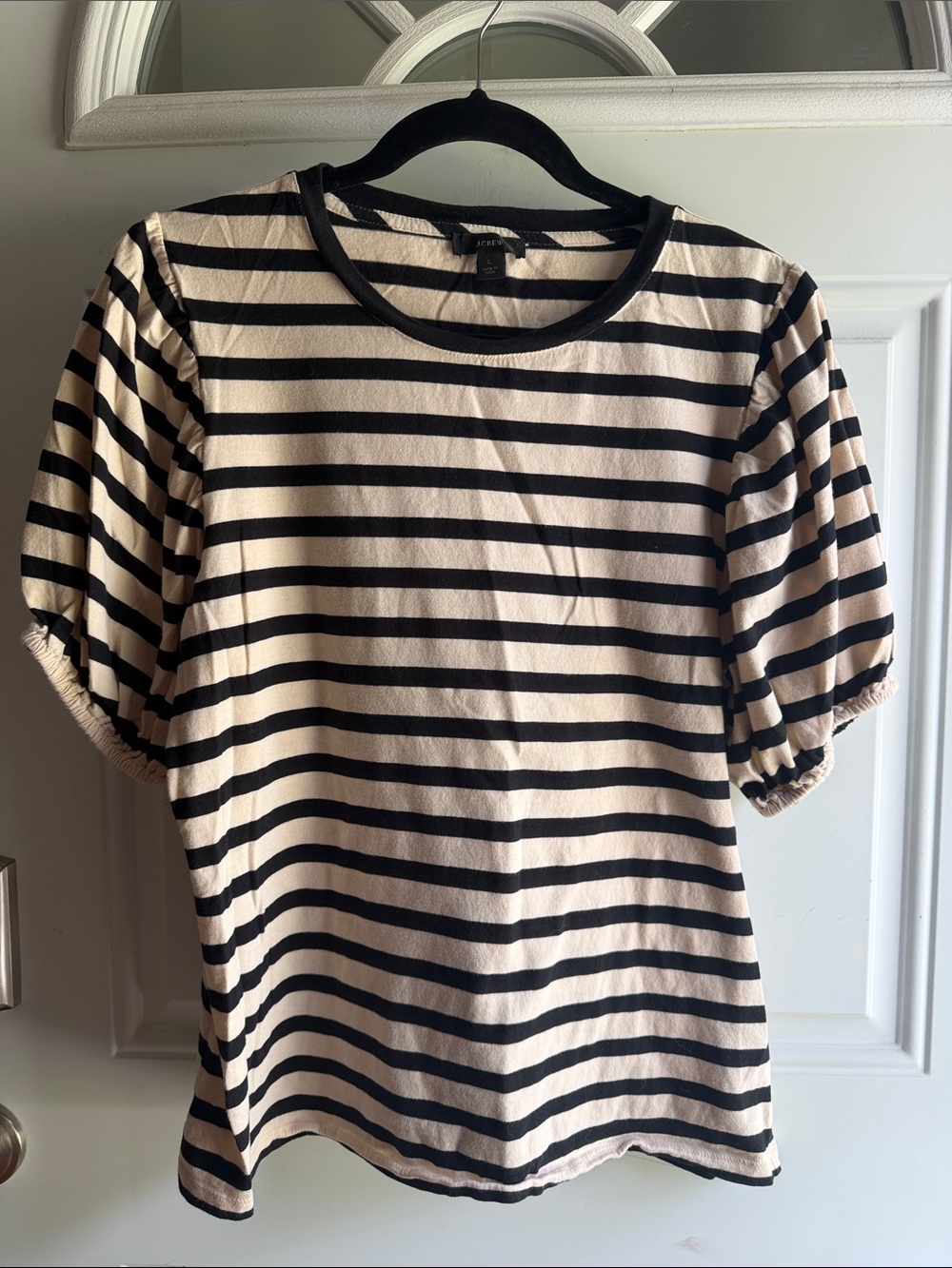 J. Crew Black & Cream Striped Puff-Sleeve Tee, large.
